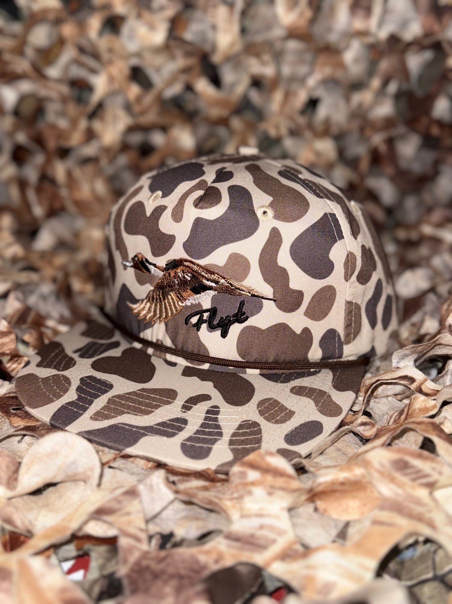 Old school camo rope hat with pintail.